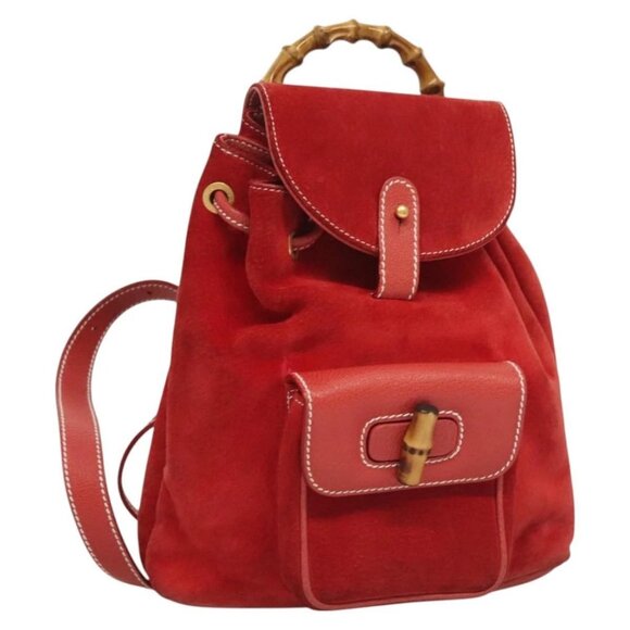 GUCCI Bamboo Backpack Suede Leather Red Gold 003 2058 0030 Auth 129917 - Picture 1 of 16